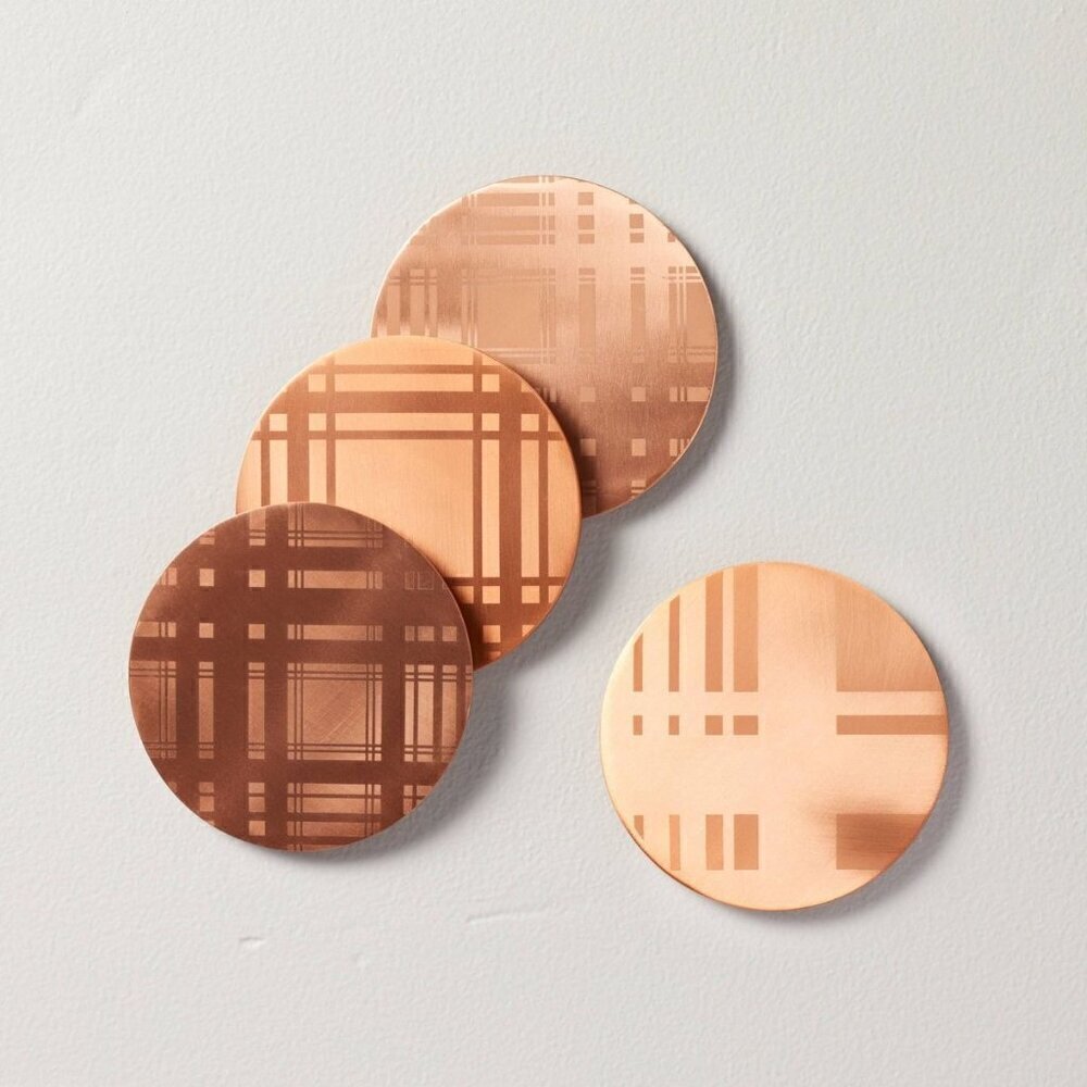 Hearth &‎ Hand Magnolia 4pk Plaid Metal Coaster Set Copper Finish